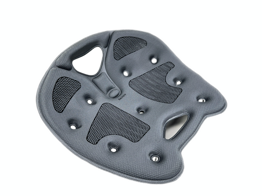 Gray BackJoy SitSmart Core Fit posture corrector seat featuring traction pads to prevent slouched sitting pain.